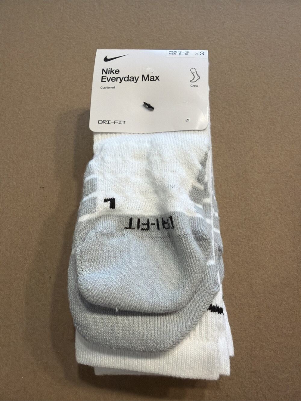 Nike Men’s Everyday Max Crew Socks 3 Pack White Large Cushioned